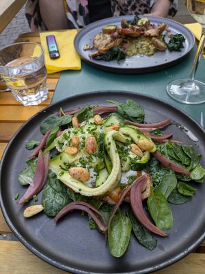 Focaccia with cheeze and courgette strips. at Urban Greener in Paris