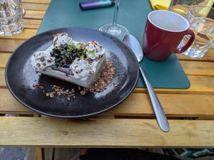 Coconut, lime and blackcurrant cheezecake. at Urban Greener in Paris