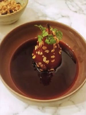 Poire pochée à l’hibiscus , yahourt à l’erable et granola maison  at Urban Greener in Paris