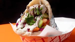 Falafel pita w tahini at Hummus Inc in Brooklyn