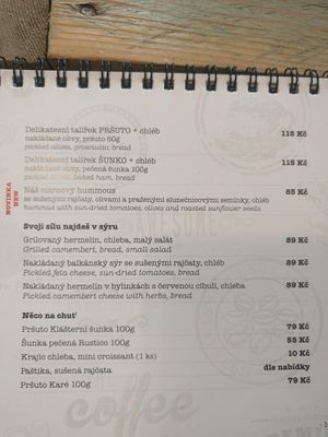 Options in the menu at Coffee & Books in Decin