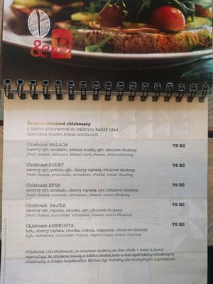 Options in the menu at Coffee & Books in Decin