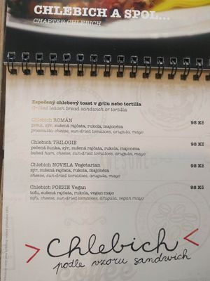 Options in the menu at Coffee & Books in Decin
