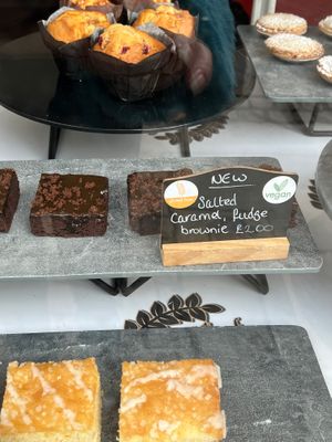 Vegan salted caramel brownie  at Morleys Bakers in Rochester