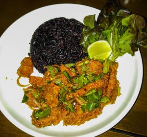 Vegan Pork with Riceberry at Veganerie - Nana in Bangkok