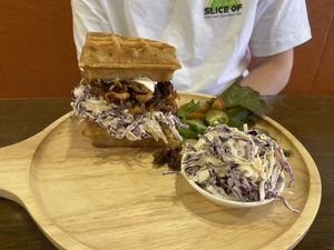 Pulled “pork” served in a waffle at Veganerie - Nana in Bangkok