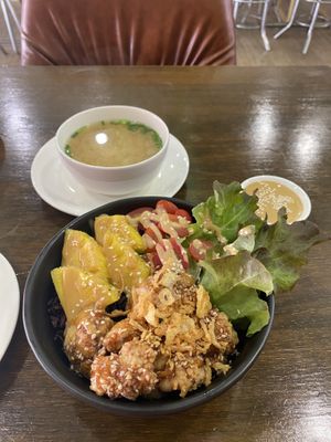 Teriyaki cauliflower tempura and purple rice with miso soup  at Veganerie - Nana in Bangkok