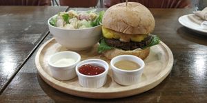 Teriyaki burger with salad at Veganerie - Nana in Bangkok