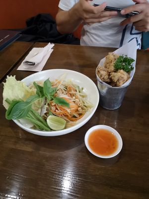 Papaya salad and mushrooms nuggets at Veganerie - Nana in Bangkok