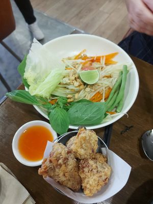 Somtam and chicken pops at Veganerie - Nana in Bangkok
