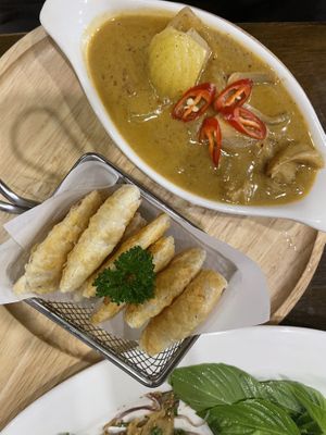 Gyoza (bottom), and massaman curry (top)   at Veganerie - Nana in Bangkok