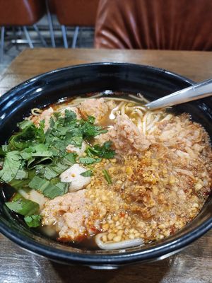 Tom Yum with mock pork and mushroom ball at Veganerie - Nana in Bangkok