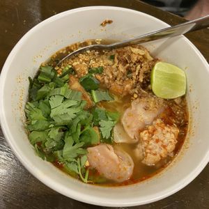 Crispy pork and dumpling noodle soupp  at Veganerie - Nana in Bangkok