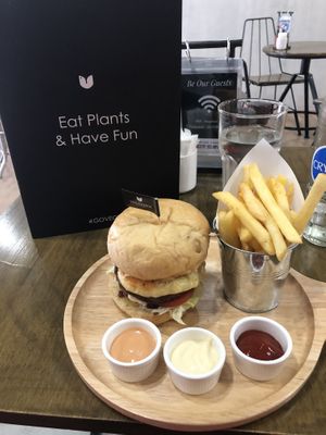 Burger and chips   at Veganerie - Nana in Bangkok