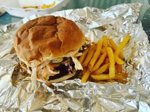 Lentil burger with fries  at Happy Soul in Palmetto