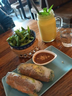 Summer rolls with peanut sauce, edamame beans and mango lassi at Viet Next Door in Berlin