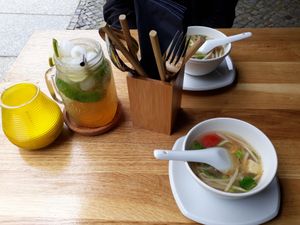 Starter soup of the lunch menu and home made iced tea at Viet Next Door in Berlin