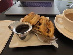 Blueberry waffles—so good!  at Brooklyn Tea in Brooklyn