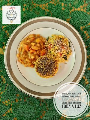 Fasulye (turkish white bean stew), wholegrain saffron rice with chia seeds, millet couscous. at Satya  in Campinas
