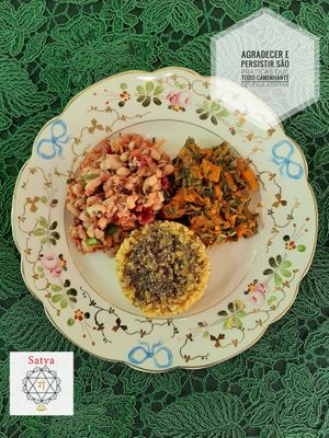 Super Summer salad (Black-eyed beans, carrots, beets, sunflower seeds and spices), wholegrain saffron rice with chia seeds, pumpkin and kale. at Satya  in Campinas