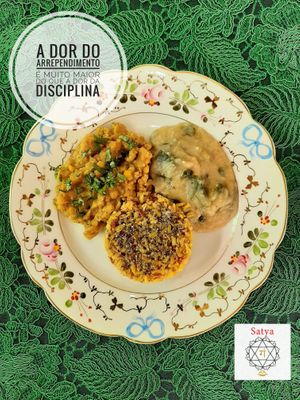 Red Lentils Dahl, wholegrain saffron rice with chia seeds, yam cream with broccoli. at Satya  in Campinas