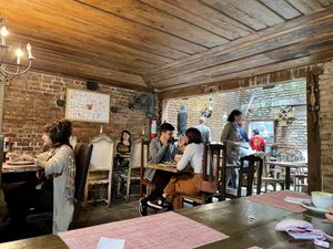 You share tables with others. Tables were very dirty at Refeitorio Organico in Rio De Janeiro