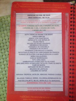 Menu at Refeitorio Organico in Rio De Janeiro