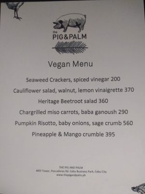 Their Vegan Menu  at The Pig and Palm in Cebu