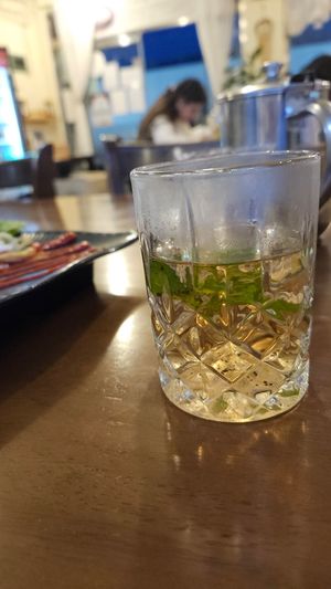 Free green tea with mint at Asalam Restaurant in Jeju