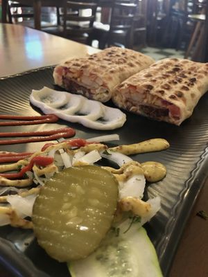 Falafel wrap with toum (garlic sauce - vegan!), mustard and ketchup on the side  at Asalam Restaurant in Jeju