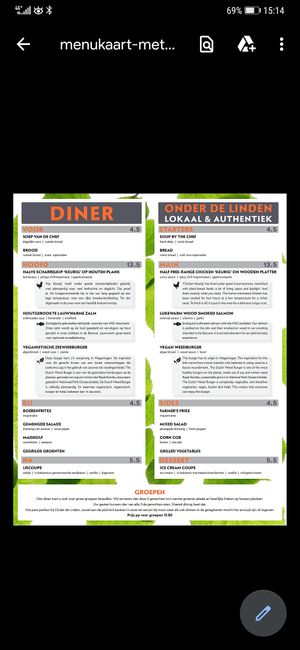 Dinner menu at Onder de Linden in Wageningen