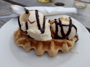 Belgium waffle with vegan vanille icecream at YHA in Broad Haven