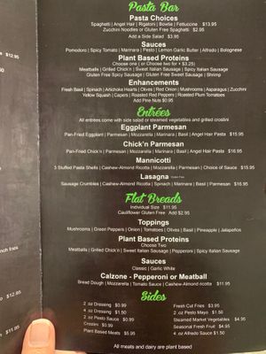 Menu 10/6/20 at Tarantino's Vegan in Las Vegas