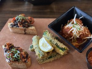 Appetizer sampler. The breaded zucchini is fantastic  at Tarantino's Vegan in Las Vegas