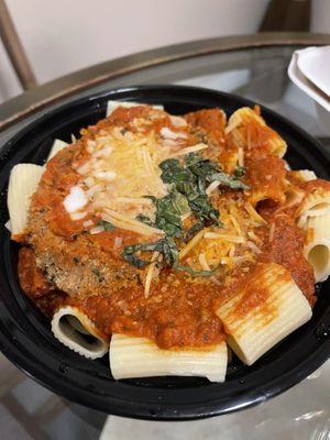 Chick’n parm with rigatoni  at Tarantino's Vegan in Las Vegas