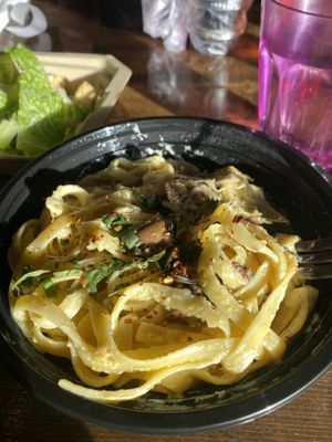 Fettuccine Alfredo with artichokes, olives, and mushrooms   at Tarantino's Vegan in Las Vegas