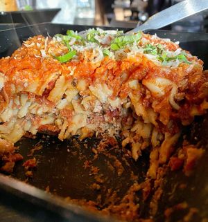 Lasagna.  Big portion and yummy   at Tarantino's Vegan in Las Vegas