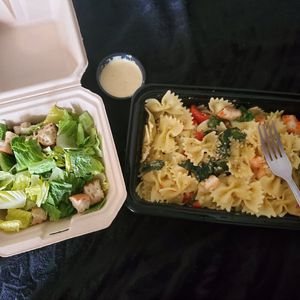 Byo pasta with shrimp and side Caesar salad at Tarantino's Vegan in Las Vegas