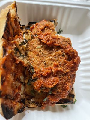 Burnt chik’n parmesan sandwich    at Tarantino's Vegan in Las Vegas