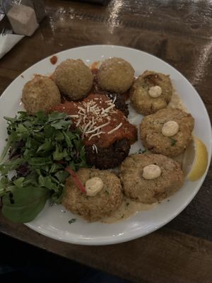 New sampler platter, and the most amazing Alfredo I’ve ever had! “Chicken and shrimp“ Alfredo, with angel hair pasta. Literally the best I’ve ever tasted.  at Tarantino's Vegan in Las Vegas