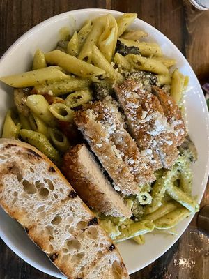 Crispy chicken with alfredo and pestoo  at Tarantino's Vegan in Las Vegas