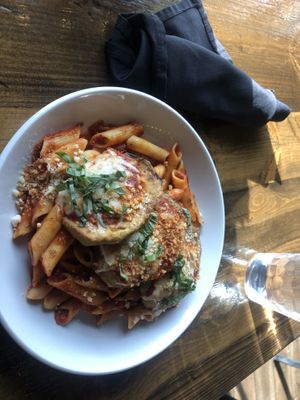 Eggplant parm with gf penne and marinara sauce  at Tarantino's Vegan in Las Vegas