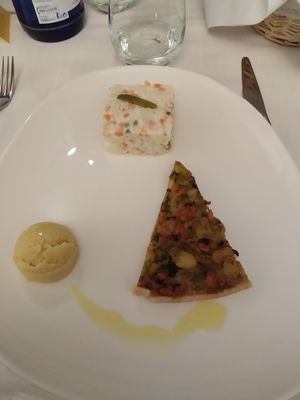 Antipasto del Lughino: torta salata, patè di cicerchie e insalata russa at Il Lughino in Como