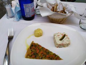 Appetizer - russian salad, veggie quiche and hummjs at Il Lughino in Como