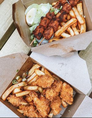 Tandoori kebab & chips, chicken chips & gravy  at iGo Vegan in Birmingham