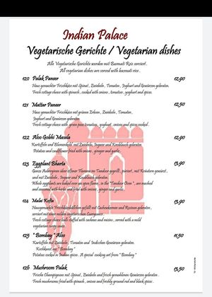Vegetarian section of the menu 1/2 at Indian Palace in Mannheim