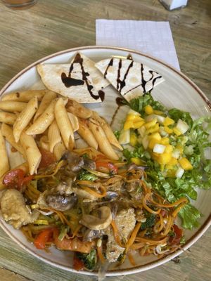 Vegan lunch! Very good. They used quinoa hotdog in the mixed veggies  at Galilea in Guarne