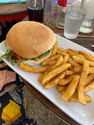 Veggie burger (sweet potato and beans) with chips  at Espresso 96 in Concord