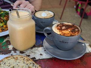 Juice,  soy Capp and soy flat white in the background at Espresso 96 in Concord