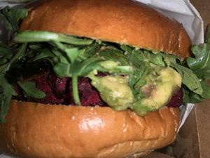 Vegan burger patty, consists of beets and black beans  at Kitchen in the Desert in Twentynine Palms